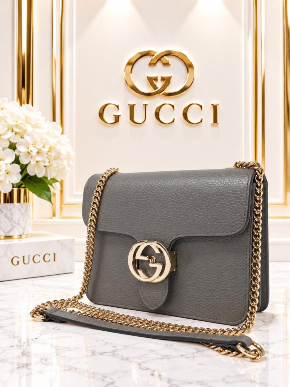 Authentic Gucci Interlocking G Gray Leather Chain Shoulder Crossbody Bag